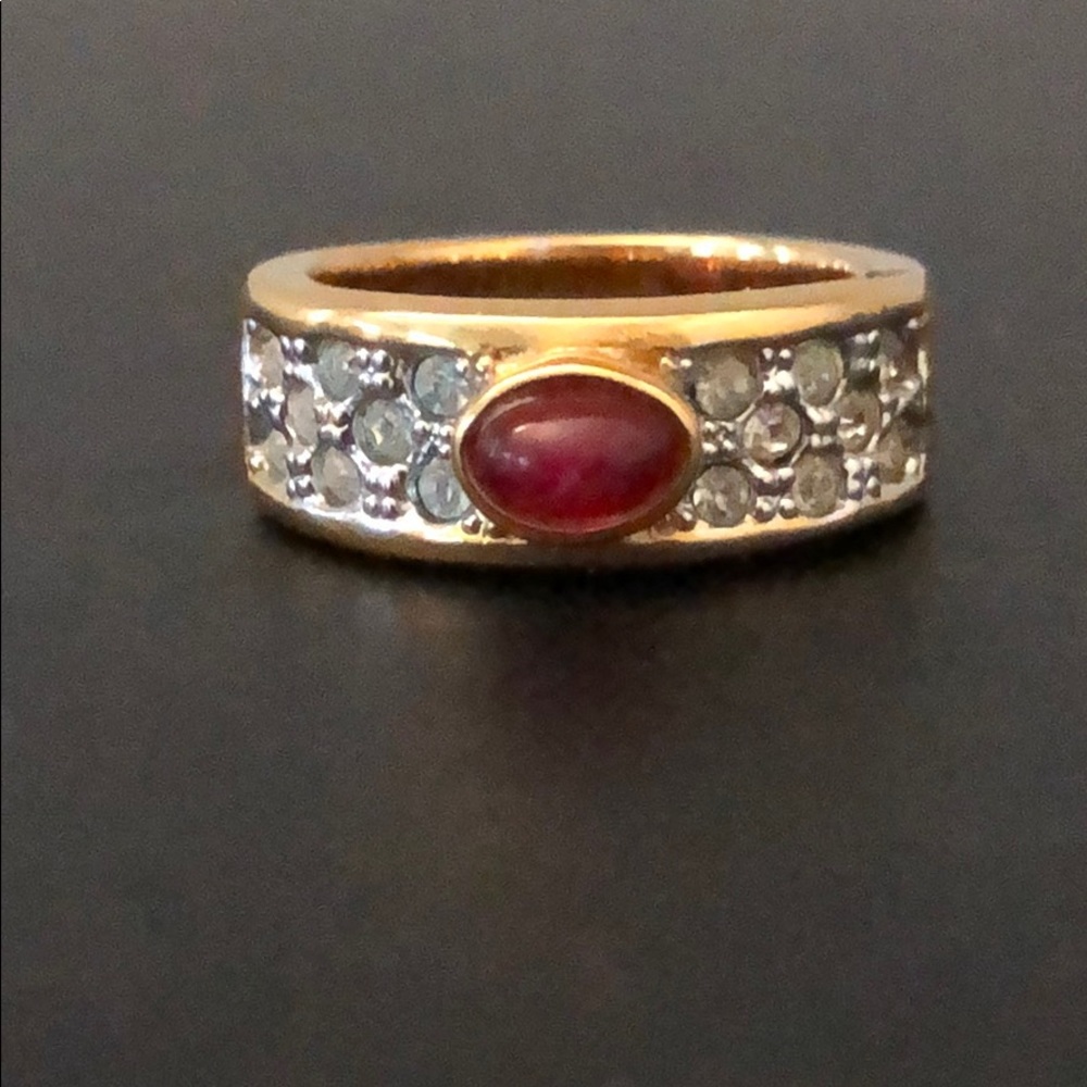 CABOCHON RUBY W/RHINESTONE 14K GOLD PLATED RING - Picture 3 of 8